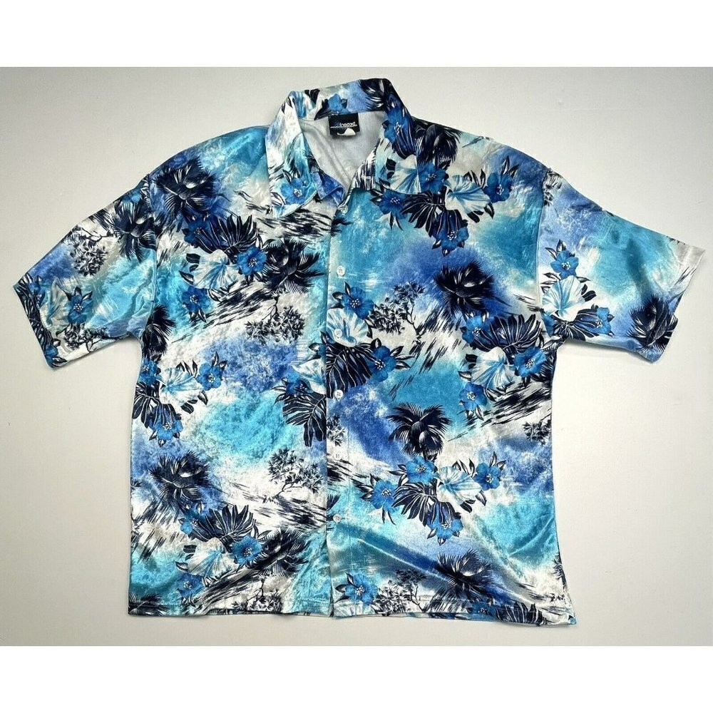 VTG HOAX Mens XL Blue Velour Velvet Short Sleeve Floral HAWAIIAN SHIRT USA EUC
